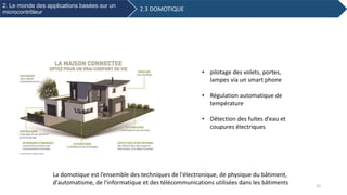 La domotique est l’ensemble des techniques de l'électronique, de physique du bâtiment,
d'automatisme, de l'informatique et des télécommunications utilisées dans les bâtiments
• pilotage des volets, portes,
lampes via un smart phone
• Régulation automatique de
température
• Détection des fuites d’eau et
coupures électriques
2.3 DOMOTIQUE
2. Le monde des applications basées sur un
microcontrôleur
10
 