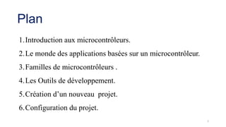 Plan
1.Introduction aux microcontrôleurs.
2.Le monde des applications basées sur un microcontrôleur.
3.Familles de microcontrôleurs .
4.Les Outils de développement.
5.Création d’un nouveau projet.
6.Configuration du projet.
2
 