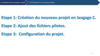 Etape 1: Création du nouveau projet en langage C.
Etape 2: Ajout des fichiers pilotes.
Etape 3: Configuration du projet.
4. Création d’un nouveau projet 4.4 Création d’un nouveau projet
30
 