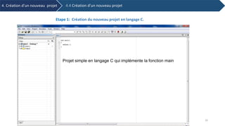 Projet simple en langage C qui implémente la fonction main
Etape 1: Création du nouveau projet en langage C.
4. Création d’un nouveau projet 4.4 Création d’un nouveau projet
32
 