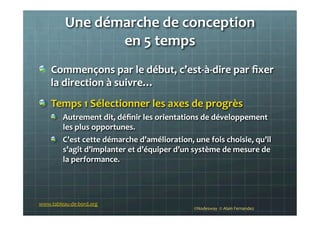 Une	
  démarche	
  de	
  conception	
  	
  
en	
  5	
  temps	
  
!   Commençons	
  par	
  le	
  début,	
  c’est-­‐à-­‐dire	
  par	
  ﬁxer	
  
la	
  direction	
  à	
  suivre…	
  
!   Temps	
  1	
  Sélectionner	
  les	
  axes	
  de	
  progrès	
  	
  
!   Autrement	
  dit,	
  déﬁnir	
  les	
  orientations	
  de	
  développement	
  
les	
  plus	
  opportunes.	
  
!   C’est	
  cette	
  démarche	
  d’amélioration,	
  une	
  fois	
  choisie,	
  qu’il	
  
s’agit	
  d’implanter	
  et	
  d’équiper	
  d’un	
  système	
  de	
  mesure	
  de	
  
la	
  performance.	
  
	
  
©Nodesway	
  	
  ©	
  Alain	
  Fernandez	
  
www.tableau-­‐de-­‐bord.org	
  
 