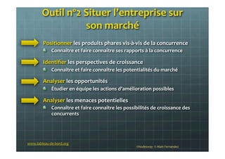 Outil	
  nº2	
  Situer	
  l’entreprise	
  sur	
  
son	
  marché	
  
	
  !   Positionner	
  les	
  produits	
  phares	
  vis-­‐à-­‐vis	
  de	
  la	
  concurrence	
  
!   Connaître	
  et	
  faire	
  connaître	
  ses	
  rapports	
  à	
  la	
  concurrence	
  
!   Identiﬁer	
  les	
  perspectives	
  de	
  croissance	
  
!   Connaître	
  et	
  faire	
  connaître	
  les	
  potentialités	
  du	
  marché	
  
!   Analyser	
  les	
  opportunités	
  
!   Étudier	
  en	
  équipe	
  les	
  actions	
  d’amélioration	
  possibles	
  
!   Analyser	
  les	
  menaces	
  potentielles	
  
!   Connaître	
  et	
  faire	
  connaître	
  les	
  possibilités	
  de	
  croissance	
  des	
  
concurrents	
  
©Nodesway	
  	
  ©	
  Alain	
  Fernandez	
  
www.tableau-­‐de-­‐bord.org	
  
 