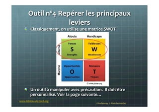 Outil	
  nº4	
  Repérer	
  les	
  principaux	
  
leviers	
  
!   Classiquement,	
  on	
  utilise	
  une	
  matrice	
  SWOT	
  
	
  
	
  
!   Un	
  outil	
  à	
  manipuler	
  avec	
  précaution.	
  	
  Il	
  doit	
  être	
  
personnalisé.	
  Voir	
  la	
  page	
  suivante…	
  
www.tableau-­‐de-­‐bord.org	
  
©Nodesway	
  	
  ©	
  Alain	
  Fernandez	
  
 