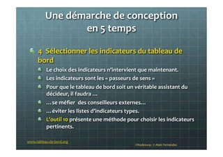 Une	
  démarche	
  de	
  conception	
  	
  
en	
  5	
  temps	
  
!   4	
  	
  Sélectionner	
  les	
  indicateurs	
  du	
  tableau	
  de	
  
bord	
  
!   Le	
  choix	
  des	
  indicateurs	
  n’intervient	
  que	
  maintenant.	
  	
  
!   Les	
  indicateurs	
  sont	
  les	
  «	
  passeurs	
  de	
  sens	
  »	
  
!   Pour	
  que	
  le	
  tableau	
  de	
  bord	
  soit	
  un	
  véritable	
  assistant	
  du	
  
décideur,	
  il	
  faudra	
  …	
  	
  
!   …se	
  méﬁer	
  	
  des	
  conseilleurs	
  externes…	
  
!   …éviter	
  les	
  listes	
  d’indicateurs	
  types.	
  
!   L’outil	
  10	
  présente	
  une	
  méthode	
  pour	
  choisir	
  les	
  indicateurs	
  
pertinents.	
  
	
  
©Nodesway	
  	
  ©	
  Alain	
  Fernandez	
  
www.tableau-­‐de-­‐bord.org	
  
 