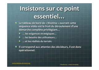 Insistons	
  sur	
  ce	
  point	
  
essentiel…	
  	
  
!   Le	
  tableau	
  de	
  bord	
  de	
  «	
  Nivelma	
  »	
  ouvrant	
  cette	
  
séquence	
  vidéo	
  est	
  le	
  fruit	
  du	
  déroulement	
  d’une	
  
démarche	
  complète	
  privilégiant…	
  
!   …les	
  exigences	
  stratégiques…	
  
!   …les	
  besoins	
  des	
  utilisateurs…	
  	
  
!   …et	
  les	
  réalités	
  du	
  terrain.	
  
!   Il	
  correspond	
  aux	
  attentes	
  des	
  décideurs,	
  il	
  est	
  donc	
  
opérationnel.	
  
©Nodesway	
  	
  ©	
  Alain	
  Fernandez	
  
www.tableau-­‐de-­‐bord.org	
  
 