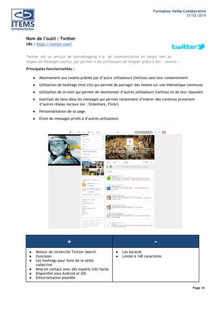 Formation Veille Collaborative
27/02/2014
	
  

	
  
	
  

Nom de l’outil : Twitter
URL : https://twitter.com/
Twitter est un service de microblogging (i.e. de communication en temps réel au
moyen de messages courts), qui permet à ses utilisateurs de bloguer grâce à des « tweets ».
Principales fonctionnalités :
●

Abonnement aux tweets publiés par d’autre utilisateurs (twittos) sans leur consentement

●

Utilisation de hashtags (mot clé) qui permet de partager des tweets sur une thématique commune

●

Utilisation de @+nom qui permet de mentionner d’autres utilisateurs (twittos) et de leur répondre

●

Insertion de liens dans les messages qui permet notamment d’insérer des contenus provenant
d’autres réseau sociaux (ex : Slideshare, Flickr)

●

Personnalisation de sa page

●

Envoi de messages privés à d’autres utilisateurs

+
●
●
●
●
●
●

Moteur de recherche Twitter Search
Concision
Les hashtags pour faire de la veille
collective
Mise en contact avec des experts très facile
Disponible sous Android et iOS
Editorialisation possible

●
●

Les bavards
Limité à 140 caractères

Page 14
	
  

	
  

 