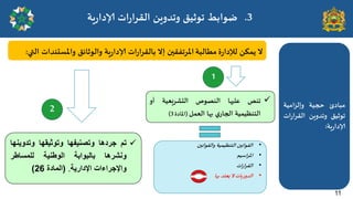 
‫تم‬
‫جردها‬
‫وتصنٌفها‬
‫وتوثٌقها‬
‫وتدوٌنها‬
‫ونشرها‬
‫بالبوابة‬
‫الوطنٌة‬
‫للمساطر‬
‫واإلجراءات‬
‫اإلدارٌة‬
.
(
‫المادة‬
26
)
‫مبادئ‬
‫حجُت‬
‫وئلضامُت‬
‫جىزُم‬
ًٍ‫وجذو‬
‫اث‬‫س‬‫اللشا‬
‫ٍت‬‫س‬‫ؤلادا‬
:
.3
‫طىابؽ‬
‫اث‬‫س‬‫اللشا‬ ًٍ‫وجذو‬ ‫جىزُم‬
‫ٍت‬‫س‬‫ؤلادا‬
‫ل‬
ً‫ًمى‬
‫ة‬‫س‬‫لإلدا‬
‫مؼالبت‬
‫ا‬
‫إلاشجفلحن‬
‫ئل‬
‫اث‬‫س‬‫ا‬‫ش‬‫بالل‬
‫ٍت‬‫س‬‫ؤلادا‬
‫والىزائم‬
‫واإلاعدىذاث‬
‫التي‬
:

‫جىص‬
‫عليها‬
‫الىصىص‬
‫الدؽشَعُت‬
‫أو‬
‫الخىظُمُت‬
‫ي‬‫الجاس‬
‫بها‬
‫العمل‬
(
‫اإلاادة‬
3
)
1
2
•
‫اللىاهحن‬
‫الخىظُمُت‬
‫واللىاهحن‬
•
‫اظُم‬‫ش‬‫اإلا‬
•
‫اث‬‫س‬‫ا‬‫ش‬‫الل‬
•
‫ٍاث‬‫س‬‫الذو‬
‫ل‬
‫ٌعخذ‬
‫بها‬
11
 