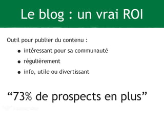 Le blog : un vrai ROI 
Outil pour publier du contenu : 
• intéressant pour sa communauté 
• régulièrement 
• info, utile ou divertissant 
! 
“73% de prospects en plus” 
 