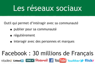 Les réseaux sociaux 
Outil qui permet d’intéragir avec sa communauté 
• publier pour sa communauté 
• régulièrement 
• interagir avec des personnes et marques 
Facebook : 30 millions de Français 
 