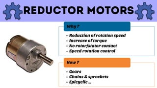 • Reduction of rotation speed
• Increase of torque
• No rotor/stator contact
• Speed rotation control
Why ?
• Gears
• Chains & sprockets
• Epicyclic …
How ?
 
