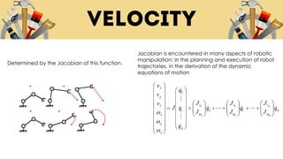 Determined by the Jacobian of this function.
Jacobian is encountered in many aspects of robotic
manipulation: in the planning and execution of robot
trajectories, in the derivation of the dynamic
equations of motion
 