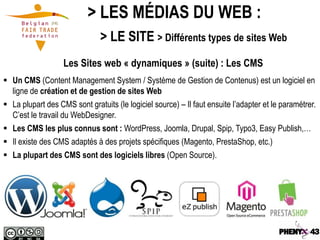 > LES MÉDIAS DU WEB :
                               > LE SITE > Différents types de sites Web
                   Les Sites web « dynamiques » (suite) : Les CMS
 Un CMS (Content Management System / Système de Gestion de Contenus) est un logiciel en
  ligne de création et de gestion de sites Web
 La plupart des CMS sont gratuits (le logiciel source) – Il faut ensuite l’adapter et le paramétrer.
  C’est le travail du WebDesigner.
 Les CMS les plus connus sont : WordPress, Joomla, Drupal, Spip, Typo3, Easy Publish,…
 Il existe des CMS adaptés à des projets spécifiques (Magento, PrestaShop, etc.)
 La plupart des CMS sont des logiciels libres (Open Source).
 