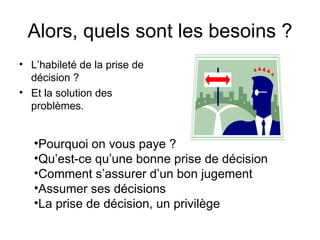 Alors, quels sont les besoins ? L’habileté de la prise de décision ? Et la solution des problèmes. Pourquoi on vous paye ? Qu’est-ce qu’une bonne prise de décision Comment s’assurer d’un bon jugement Assumer ses décisions La prise de décision, un privilège 