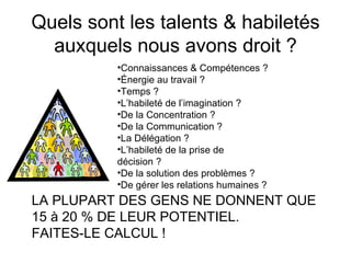 Quels sont les talents & habiletés auxquels nous avons droit ? Connaissances & Compétences ? Énergie au travail ?  Temps ? L’habileté de l’imagination ? De la Concentration ? De la Communication ? La Délégation ?  L’habileté de la prise de décision ? De la solution des problèmes ? De gérer les relations humaines ? LA PLUPART DES GENS NE DONNENT QUE  15 à 20 % DE LEUR POTENTIEL.  FAITES-LE CALCUL !  