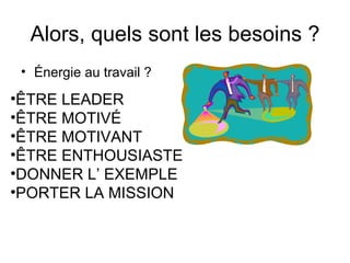 Alors, quels sont les besoins ? Énergie au travail ?  ÊTRE LEADER ÊTRE MOTIVÉ ÊTRE MOTIVANT ÊTRE ENTHOUSIASTE DONNER L’ EXEMPLE PORTER LA MISSION 
