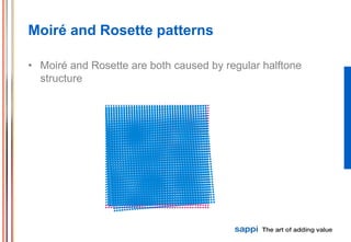 Moiré and Rosette patterns

• Moiré and Rosette are both caused by regular halftone
  structure
 