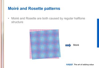 Moiré and Rosette patterns

• Moiré and Rosette are both caused by regular halftone
  structure




                                              Moiré
 