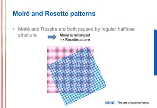 Moiré and Rosette patterns

• Moiré and Rosette are both caused by regular halftone
  structure         Moiré is minimized
                     => Rosette pattern
 
