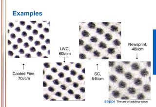 Examples



                                 Newsprint,
               LWC,               48l/cm
               60l/cm




Coated Fine,             SC,
  70l/cm                54l/cm
 
