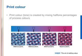 Print colour

• Print colour (tone) is created by mixing halftone percentages
  of process colours




      M80%/C20%    M60%/C40%     M40%/C60%     M20%/C80%
 