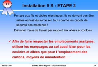 2S
                      Installation 5 S : ETAPE 2

                Pensez aux fils et câbles électriques, ils ne doivent pas être
                 mêlés où traînés sur le sol, tout comme les capots de
                 sécurité des machines !
                Délimiter l ’aire de travail par rapport aux allées et couloirs


        Afin de faire respecter les emplacements assignés,
               utiliser les marquages au sol aussi bien pour les
               couloirs et allées que pour l ’emplacement des
               cartons, moyens de manutention …

Février 2001                  ECOM & PMGI Maghreb - Groupe AdVentice              14
 