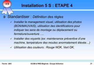 4S
                     Installation 5 S : ETAPE 4

     Standardiser : Définition des règles
              Installer le management visuel, utilisation des photos
               (BON/MAUVAIS), utilisation des identifications pour
               indiquer les sens de montage ou déplacement ou
               fermeture/ouverture ….
              Installer des voyants (ex: maintenance préventive d’une
               machine, température des moules anormalement élevée…)
              Utilisation des couleurs : Rouge NOK, Vert OK.




Février 2001                ECOM & PMGI Maghreb - Groupe AdVentice       21
 