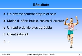 Résultats

      Un environnement propre et sain

      Moins d ’effort inutile, moins d ’erreurs

      Un cadre de vie plus agréable

      Client satisfait

      ...


Février 2001         ECOM & PMGI Maghreb - Groupe AdVentice   25
 