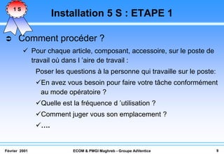 1S
                     Installation 5 S : ETAPE 1

      Comment procéder ?
          Pour chaque article, composant, accessoire, sur le poste de
           travail où dans l ’aire de travail :
               Poser les questions à la personne qui travaille sur le poste:
               En avez vous besoin pour faire votre tâche conformément
                au mode opératoire ?
               Quelle est la fréquence d ’utilisation ?
               Comment juger vous son emplacement ?
               ….


Février 2001               ECOM & PMGI Maghreb - Groupe AdVentice              9
 