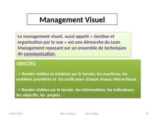 19/09/2025 KBI consulting Kamel ARBI 71
Management Visuel
OBJECTIFS:
–> Rendre visibles et évidents sur le terrain, les machines, les
matières premières et les outils pour chaque niveau Hiérarchique.
–> Rendre visibles sur le terrain, les informations, les indicateurs,
les objectifs, les projets.
Le management visuel, aussi appelé « Gestion et
organisation par la vue » est une démarche du Lean
Management reposant sur un ensemble de techniques
de communication.
 