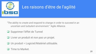 Les raisons d'être de l'agilité
“The ability to create and respond to change in order to succeed in an
uncertain and turbu...