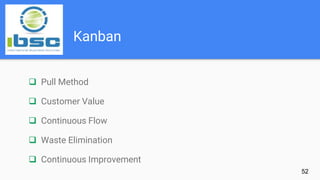 Kanban
52
 Pull Method
 Customer Value
 Continuous Flow
 Waste Elimination
 Continuous Improvement
 