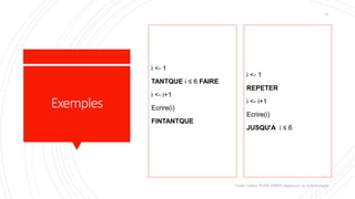Exemples
i <- 1
TANTQUE i ≤ 6 FAIRE
i <- i+1
Ecrire(i)
FINTANTQUE
Valdy Gildas NGOUABIRA Ingénieur en Informatique
21
i <- 1
REPETER
i <- i+1
Ecrire(i)
JUSQU'A i ≤ 6
 