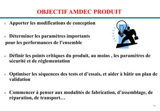 14
OBJECTIF AMDEC PRODUIT
 Apporter les modifications de conception
 Déterminer les paramètres importants
pour les performances de l’ensemble
 Définir les points critiques du produit, au moins , les paramètres de
sécurité et de réglementation
 Optimiser les séquences des tests et d’essais, et aider à bâtir un plan de
validation
 Commencer à penser aux modalités de fabrication, d’assemblage, de
réparation, de transport…
 