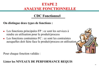 34
ETAPE 2
ANALYSE FONCTIONNELLE
On distingue deux types de fonctions :
Les fonctions principales FP : ce sont les services à
rendre en utilisation pour le produit/process
Les fonctions contraintes FC : ce sont les contraintes
auxquelles doit faire face le produit/process en utilisation
Pour chaque fonction validée :
Lister les NIVEAUX DE PERFORMANCE REQUIS
CDC Fonctionnel
 