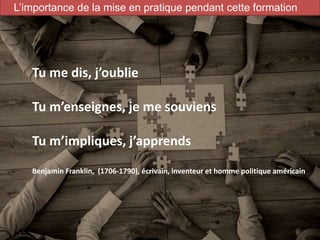 3
Tu me dis, j’oublie
Tu m’enseignes, je me souviens
Tu m’impliques, j’apprends
Benjamin Franklin, (1706-1790), écrivain, inventeur et homme politique américain
L’importance de la mise en pratique pendant cette formation
 