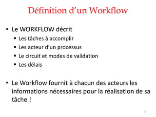 Définition d’un Workflow
• Le WORKFLOW décrit
 Les tâches à accomplir
 Les acteur d’un processus
 Le circuit et modes de validation
 Les délais
• Le Workflow fournit à chacun des acteurs les
informations nécessaires pour la réalisation de sa
tâche !
37
 