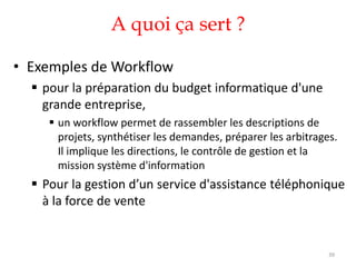A quoi ça sert ?
• Exemples de Workflow
 pour la préparation du budget informatique d'une
grande entreprise,
 un workflow permet de rassembler les descriptions de
projets, synthétiser les demandes, préparer les arbitrages.
Il implique les directions, le contrôle de gestion et la
mission système d'information
 Pour la gestion d’un service d'assistance téléphonique
à la force de vente
39
 