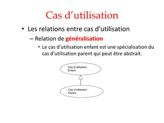 • Les relations entre cas d’utilisation
– Relation de généralisation
• Le cas d’utilisation enfant est une spécialisation du
cas d’utilisation parent qui peut être abstrait.
Cas d’utilisation
Enfant
Cas d’utilisation
Parent
Cas d’utilisation
 