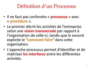 Définition d’un Processus
• Il ne faut pas confondre « processus » avec
« procédure ».
• Le premier décrit les activités de l'entreprise
selon une vision transversale par rapport à
l'organisation de celle-ci, tandis que le second
explicite le "comment faire" dans cette
organisation.
• L'approche processus permet d'identifier et de
maîtriser les interfaces entre les différentes
activités.
9
 