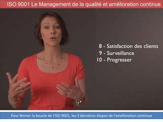 36
ISO 9001 Le Management de la qualité et amélioration continue
Pour fermer la boucle de l’ISO 9001, les 3 dernières étapes de l’amélioration continue
 