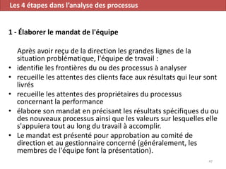 1 - Élaborer le mandat de l'équipe
Après avoir reçu de la direction les grandes lignes de la
situation problématique, l'équipe de travail :
• identifie les frontières du ou des processus à analyser
• recueille les attentes des clients face aux résultats qui leur sont
livrés
• recueille les attentes des propriétaires du processus
concernant la performance
• élabore son mandat en précisant les résultats spécifiques du ou
des nouveaux processus ainsi que les valeurs sur lesquelles elle
s'appuiera tout au long du travail à accomplir.
• Le mandat est présenté pour approbation au comité de
direction et au gestionnaire concerné (généralement, les
membres de l'équipe font la présentation).
47
Les 4 étapes dans l’analyse des processus
 