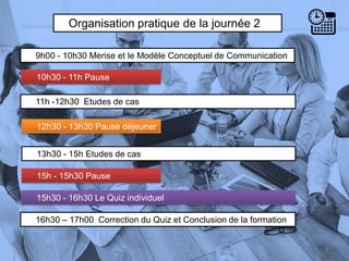 Organisation pratique de la journée 2
9h00 - 10h30 Merise et le Modèle Conceptuel de Communication
10h30 - 11h Pause
5
13h30 - 15h Etudes de cas
11h -12h30 Etudes de cas
12h30 - 13h30 Pause déjeuner
15h - 15h30 Pause
15h30 - 16h30 Le Quiz individuel
16h30 – 17h00 Correction du Quiz et Conclusion de la formation
 