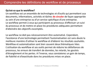 Analyse de Processus et Workflow 71
Comprendre les définitions de workflow et de processus
Qu’est-ce que le workflow?
Un workflow est un ensemble de technologies et d’outils qui permettent aux
documents, informations, activités et tâches de circuler de façon appropriée
au sein d’une entreprise ou d’un service spécifique d’une entreprise.
Le workflow permet à ceux qui participent au processus d’effectuer un suivi
du processus et de mettre en place les procédures adéquates permettant
d’atteindre des objectifs escomptés.
Le workflow ne doit pas nécessairement être automatisé. Cependant,
l’assistance d’une technologie permettant l’automatisation est sans doute la
meilleure manière d’utiliser le workflow et d’obtenir les résultats souhaités.
Workflow et automatisation sont bien souvent deux thématiques liées.
L’utilisation du workflow et ses outils permet de réduire les défaillances de
processus, les erreurs de transfert de données, les retards, les goulots
d’étranglement et les pertes. A l’inverse, vous constaterez un gain de temps,
de fiabilité et d’exactitude dans les procédures mises en place.
 