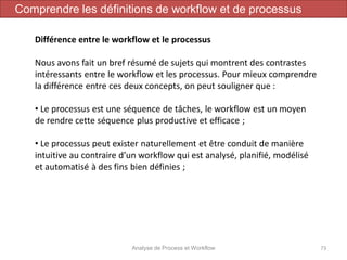 Analyse de Process et Workflow 73
Comprendre les définitions de workflow et de processus
Différence entre le workflow et le processus
Nous avons fait un bref résumé de sujets qui montrent des contrastes
intéressants entre le workflow et les processus. Pour mieux comprendre
la différence entre ces deux concepts, on peut souligner que :
• Le processus est une séquence de tâches, le workflow est un moyen
de rendre cette séquence plus productive et efficace ;
• Le processus peut exister naturellement et être conduit de manière
intuitive au contraire d’un workflow qui est analysé, planifié, modélisé
et automatisé à des fins bien définies ;
 