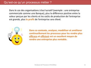Dans le cas des organisations à but lucratif (exemple : une entreprise
commerciale comme une Banque), plus la différence positive entre la
valeur perçue par les clients et les coûts de production de l’entreprise
est grande, plus le profit de l’entreprise sera élevé.
Analyse de Process et Workflow 15
Dans ce contexte, analyser, modéliser et améliorer
continuellement les processus pour les rendre plus
efficace et efficient est un excellent moyen de
rendre une entreprise plus rentable.
Qu’est-ce qu’un processus métier ?
 