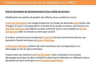 Voici la description du fonctionnement d'une société de services :
Modélisation du système de gestion des affaires d'une société de service.
Le Service Commercial est chargé d'examiner les études de demande client (cahier des
charges). Si ceux-ci correspondent à l'activité de la société, le dossier est transmis à la
Direction Technique qui élabore un devis estimatif. Celui-ci est complété au Service
Commercial, édité et envoyé au client pour accord.
Si le devis commercial est accepté par le client, le Service Commercial adresse une
demande d'étude technique au Service Technique.
La Direction Technique élabore des devis techniques qui correspondent à un
découpage en lots du devis technique.
Chaque devis est transmis à un Chef de Projet. Celui-ci procède à un nouveau
découpage technique du devis et établit le planning de réalisation en affectant chacun
des postes du devis technique à un Analyste Programmeur.
Travail en sous-groupe sur la réalisation d’un MCC
 
