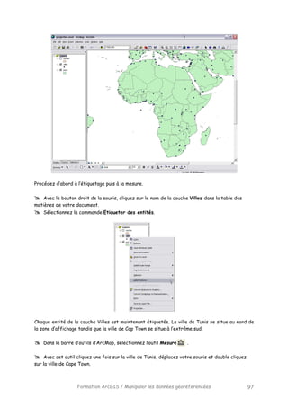 Formation ArcGIS / Manipuler les données géoréferencées 97
Procédez d’abord à l’étiquetage puis à la mesure.
Avec le bouton droit de la souris, cliquez sur le nom de la couche Villes dans la table des
matières de votre document.
Sélectionnez la commande Etiqueter des entités.
Chaque entité de la couche Villes est maintenant étiquetée. La ville de Tunis se situe au nord de
la zone d’affichage tandis que la ville de Cap Town se situe à l’extrême sud.
Dans la barre d’outils d’ArcMap, sélectionnez l’outil Mesure .
Avec cet outil cliquez une fois sur la ville de Tunis, déplacez votre souris et double cliquez
sur la ville de Cape Town.
 
