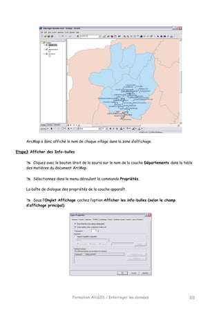 Formation ArcGIS / Interroger les données 111
ArcMap a donc affiché le nom de chaque village dans la zone d’affichage.
Etape3 Afficher des Info-bulles
Cliquez avec le bouton droit de la souris sur le nom de la couche Départements dans la table
des matières du document ArcMap.
Sélectionnez dans le menu déroulant la commande Propriétés.
La boîte de dialogue des propriétés de la couche apparaît.
Sous l’Onglet Affichage cochez l’option Afficher les info-bulles (selon le champ
d’affichage principal).
 