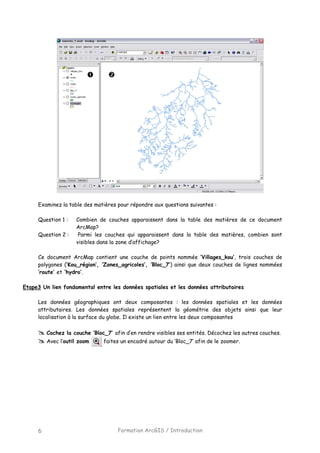 Formation ArcGIS / Introduction6
Examinez la table des matières pour répondre aux questions suivantes :
Question 1 : Combien de couches apparaissent dans la table des matières de ce document
ArcMap?
Question 2 : Parmi les couches qui apparaissent dans la table des matières, combien sont
visibles dans la zone d’affichage?
Ce document ArcMap contient une couche de points nommée ‘Villages_kou’, trois couches de
polygones (‘Kou_région’, ‘Zones_agricoles’, ‘Bloc_7’) ainsi que deux couches de lignes nommées
‘route’ et ‘hydro’.
Etape3 Un lien fondamental entre les données spatiales et les données attributaires
Les données géographiques ont deux composantes : les données spatiales et les données
attributaires. Les données spatiales représentent la géométrie des objets ainsi que leur
localisation à la surface du globe. Il existe un lien entre les deux composantes
Cochez la couche ‘Bloc_7’ afin d’en rendre visibles ses entités. Décochez les autres couches.
Avec l’outil zoom faites un encadré autour du ‘Bloc_7’ afin de le zoomer.
 