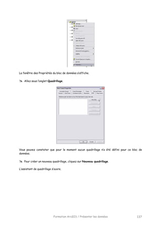 Formation ArcGIS / Présenter les données 137
La fenêtre des Propriétés du bloc de données s’affiche.
Allez sous l’onglet Quadrillage.
Vous pouvez constater que pour le moment aucun quadrillage n’a été défini pour ce bloc de
données.
Pour créer un nouveau quadrillage, cliquez sur Nouveau quadrillage.
L’assistant de quadrillage s’ouvre.
 